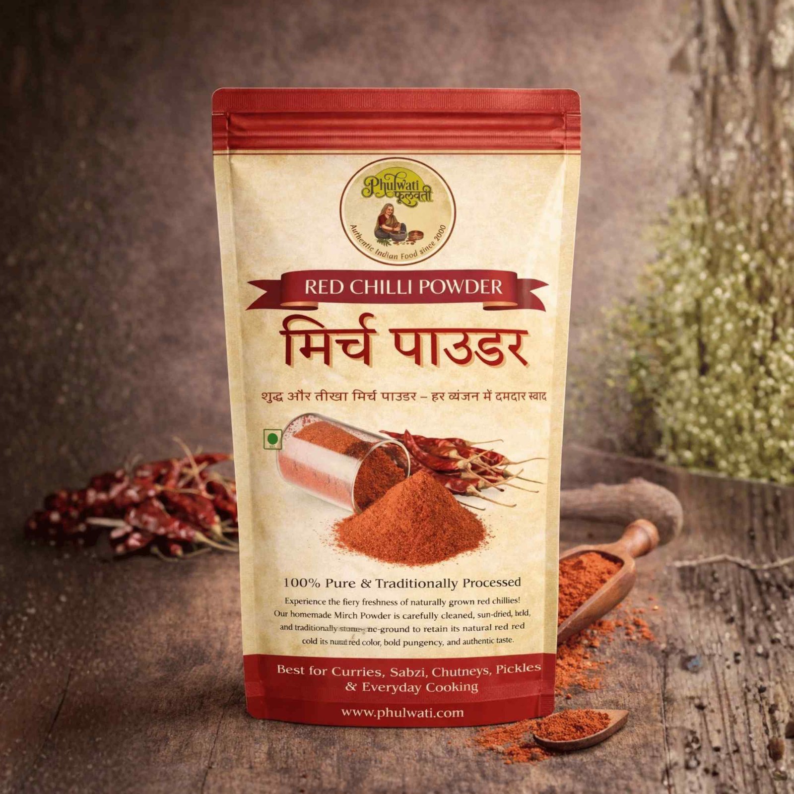 Phulwati Red Chilli Powder (Mirch Powder) – 100% Pure & Homemade, Traditionally Stone-Ground Lal Mirch, No Added Colour or Preservatives, Zipper Pouch