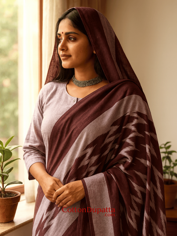 Women's Pure Cotton Ikkat Print Dupatta in Maroon