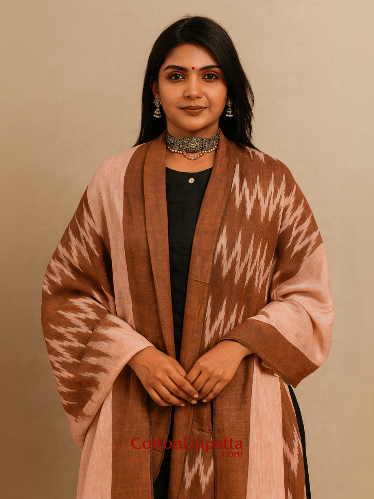 Women's Pure Cotton Ikkat Print Dupatta | Soft Handloom Style Cotton Dupatta with Tassels | Ethnic & Casual Wear