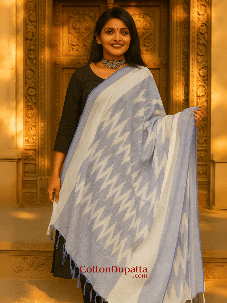 Women's Pure Cotton Ikkat Print Dupatta | Soft Handloom Style Cotton Dupatta with Tassels | Ethnic & Casual Wear