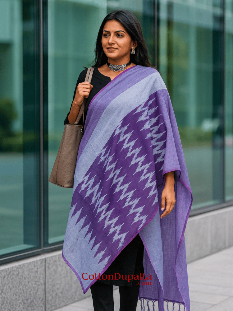 Women's Pure Cotton Ikkat Print Dupatta | Soft Handloom Style Cotton Dupatta with Tassels | Ethnic & Casual Wear