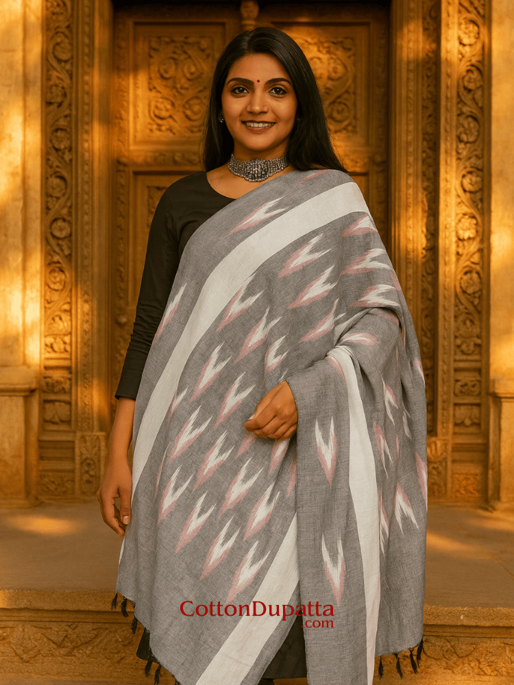 Women's Pure Cotton Ikkat Print Dupatta | Soft Handloom Style Cotton Dupatta with Tassels | Ethnic & Casual Wear